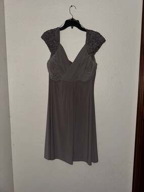 Signature JS Boutique Taupe Beaded Cap Sleeve Empire Waist Cocktail Dress